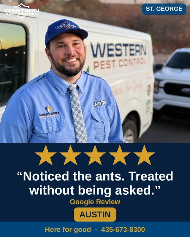 Austin, Western Pest Control technician serving St. George, with a five-star Google review
