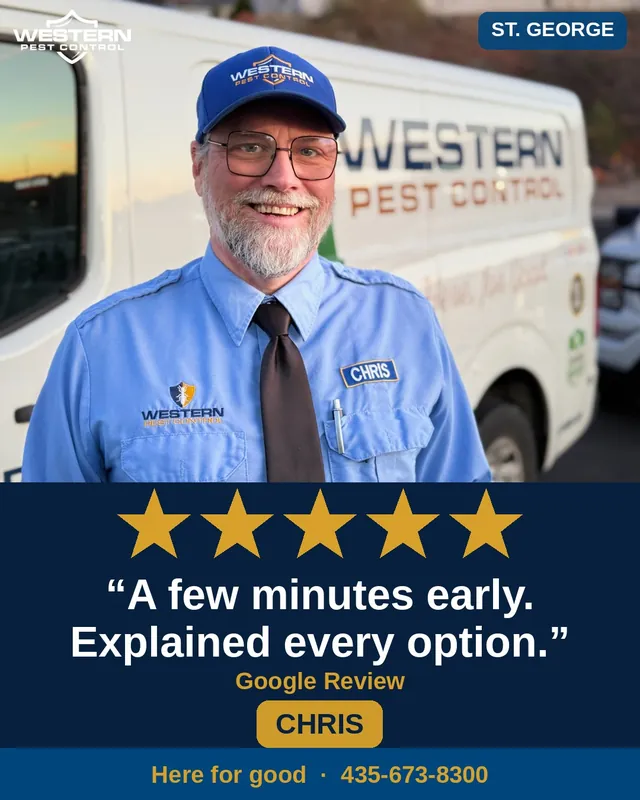 Chris, Western Pest Control technician serving St. George, with a five-star Google review